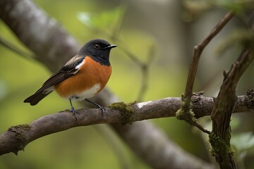 Poster - male redstart perched on branch, with wings spread, created with generative ai