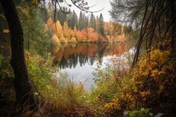 Poster - autumn forest hike with view of a peaceful lake, created with generative ai