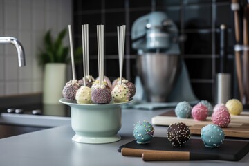 Wall Mural - stand of cake pops and decorative icing in stylish kitchen setting, created with generative ai