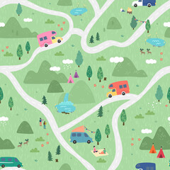 Wall Mural - road trip seamless pattern, doodle camper vans, vanlife, adventure - great for textiles, banners, wa