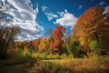 Poster - fall foliage in the park with clear blue sky and fluffy clouds, created with generative ai