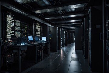 Wall Mural - server room with banks of servers, lights and monitors, created with generative ai