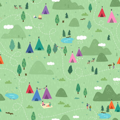 Wall Mural - cute hand drawn vector seamless pattern with camping doodles, tents, landscape and trails, great for