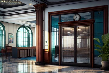 Sticker - a set of glass doors, with a view of the hotel lobby and check-in counter, created with generative ai