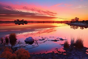 Sticker - crystal-clear lake at sunrise, with vibrant pink and orange sky, created with generative ai