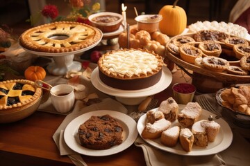 Wall Mural - table setting with a variety of holiday pastries, pies, and cakes, created with generative ai
