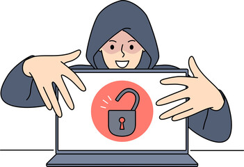 Poster - hacker in hood steal information from computer