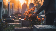 Person Leaving Flowers On Cemetery Grave In Memorial. Generative Ai