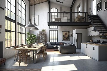 Wall Mural - industrial home, with sleek and minimalist design, featuring open floor plan, created with generative ai