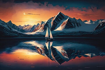 Poster - sunset sailboat on calm, serene lake surrounded by snow-capped mountains, created with generative ai