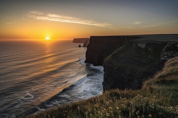 Poster - coastal cliff view, with the sun setting over the horizon, and silhouetting the cliffs, created with generative ai