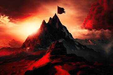 Sticker - view of peak with red flag, dramatic sunrise in the background, created with generative ai