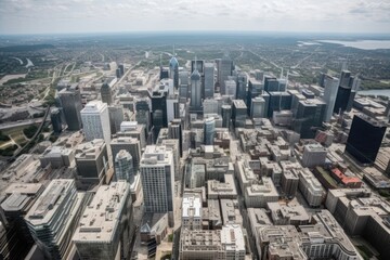 Poster - aerial view of bustling downtown, with tall buildings and busy streets visible, created with generative ai