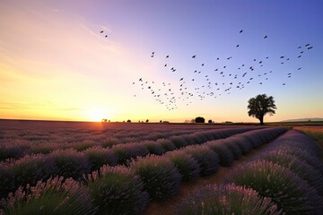 Poster - lavender field in the sunset, with a flock of birds flying above, created with generative ai