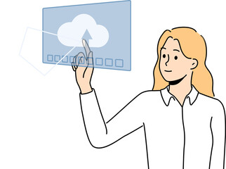 Smiling businesswoman work with cloud computer system