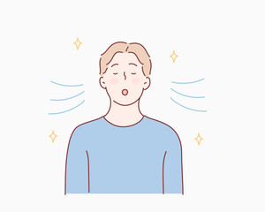 boy is doing breathing exercise, deep exhale and inhale. Breathing exercise. Hand drawn style vector design illustrations.