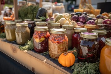 Sticker - fermented foods display at farmers market, with fresh fruits and vegetables visible, created with generative ai