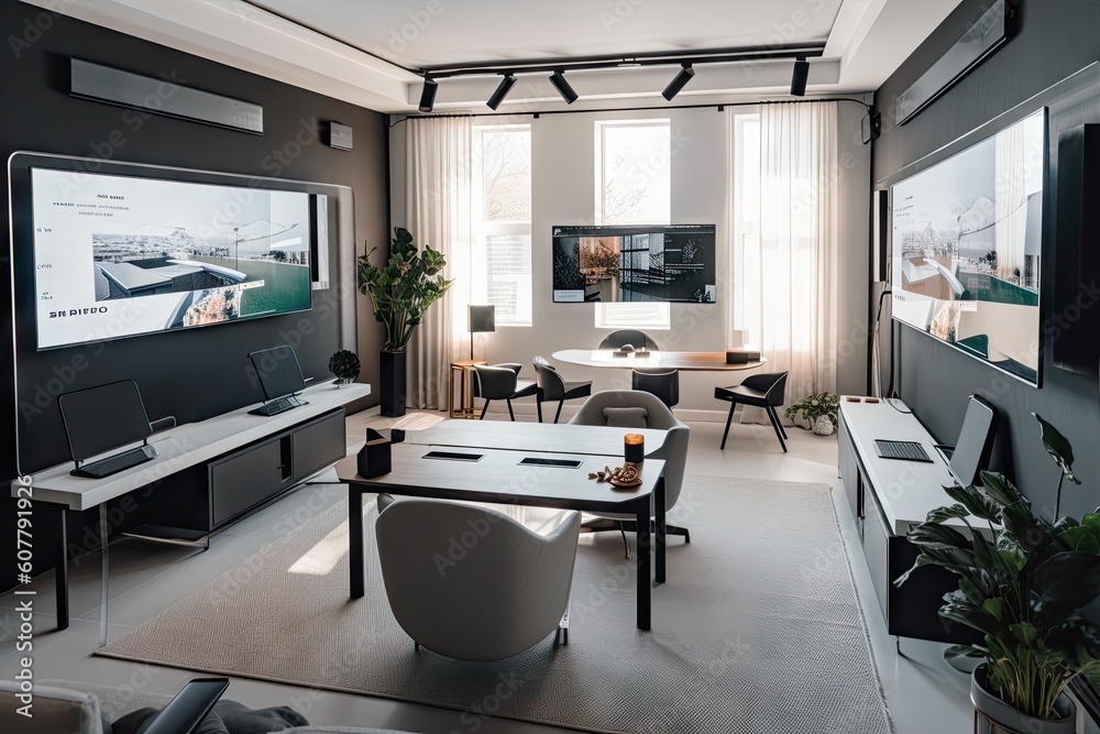 high-tech video conference setup, with multiple screens and speakers, in modern living room, created with generative ai