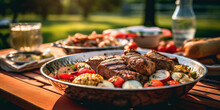 Photo Of A Delicious Outdoor Barbecue Meat And Vegetables On A Rustic Picnic Table Celebrating 4th Of July. Generative AI