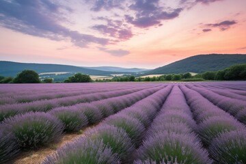 Sticker - lavender field, with rolling hills and pastel sky in the background, created with generative ai