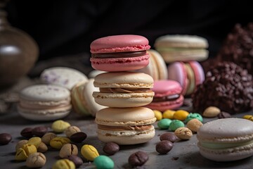 Poster - meringue macaron, with fillings of different flavors and colors, created with generative ai