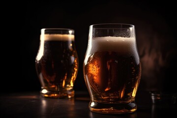 Wall Mural - draught beer in glasses on dark background, with blurred light and shadows, created with generative ai