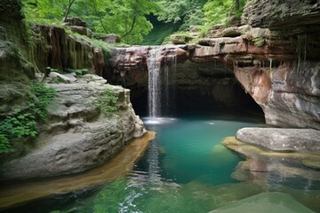 Sticker - natural rock formation with a waterfall and pool of water, created with generative ai