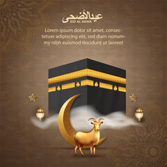 Eid al adha islamic greeting card with goat and kaaba , poster, banner design, vector illustration 