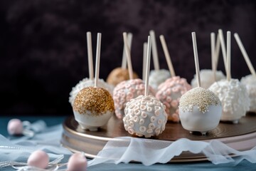 Wall Mural - decorative cake pops sitting atop fluffy white frosting, created with generative ai