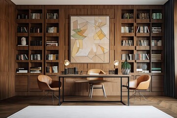 Wall Mural - wooden wall paneling, with framed artwork and shelves for books, in modern office, created with generative ai