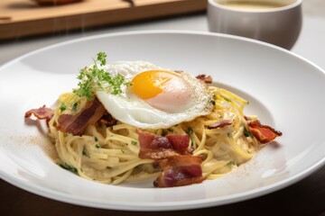 Poster - plate of spaghetti carbonara topped with crispy bacon and eggs, created with generative ai