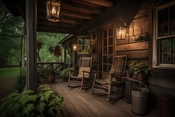 Poster - cozy cabin retreat with front porch, rocking chair, and lantern, created with generative ai