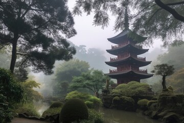 Poster - peaceful, misty morning at pagoda with trees and streams visible in the background, created with generative ai