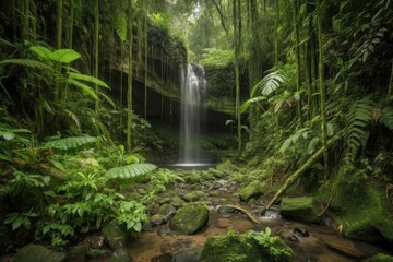 Poster - majestic waterfall cascading over the jungle landscape, created with generative ai