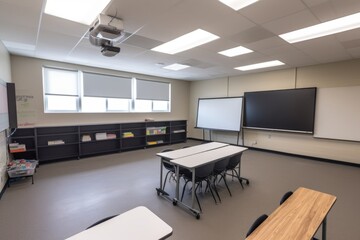 Wall Mural - empty classroom with smart board, projector, and bookshelf for creative learning environment, created with generative ai