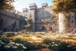Paved courtyard of a medieval castle. Cinematic light, volumetric light, no people with empty space for characters. Realistic environment made with Generative AI