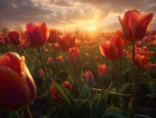 Beautiful Pink Tulips In A Huge Tulip Field During Sunrise Or Sunset, Generative Ai