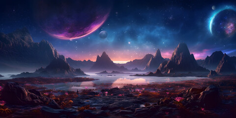 Wall Mural - Celestial Wanderlust: Surreal 8K View of an Alien Planet's Extraterrestrial Splendor