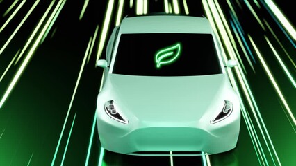 Wall Mural - Electric car with leaf icon driving in speed light trail, clean green energy transportation for future city concept, eco renewable zero emission power EV innovation in motion 3D rendering