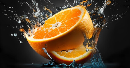 Orange slice background. Water drops on motion for natural wallpaper