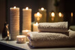 © sorapop - Transform your bathroom into a tranquil spa oasis with this elegant decor featuring towels, candles, and wooden table. AI Generative.