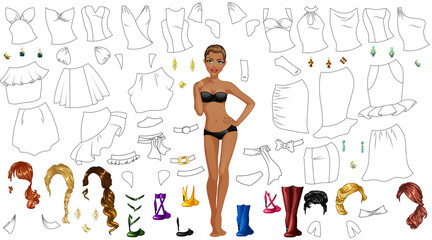 cocktail dress design coloring page paper doll with clothes, hairstyles and accessories. vector illu