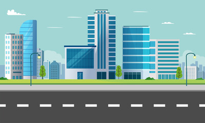 Cityscape scene with street.Modern building with sky background.Smart city with park