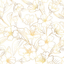 Gold Cherry Blossom Seamless Pattern. Natural Texture With Blossom Sakura Tree Branches. Golden Japanese Line Art Flowers On White Background.