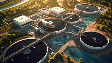  Aerial view of wastewater treatment plant, filtration of dirty or sewage water. Generative Ai