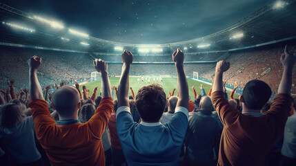 Back view of football, soccer fans cheering their team stadium at evening time.. Generate Ai.