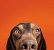close-up peeking mixed-breed vizsla and doberman pincher looking at camera. Isolated on orange background