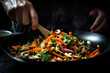 Chef Sauting Medley Of Colorful Stirfried Vegetables Closeup. Generative AI