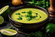 Creamy Avocado Soup Garnished With Cilantro And Lime. Generative AI