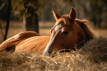 Tranquil Horse Reclines On Bed Of Fresh Hay. Generative AI